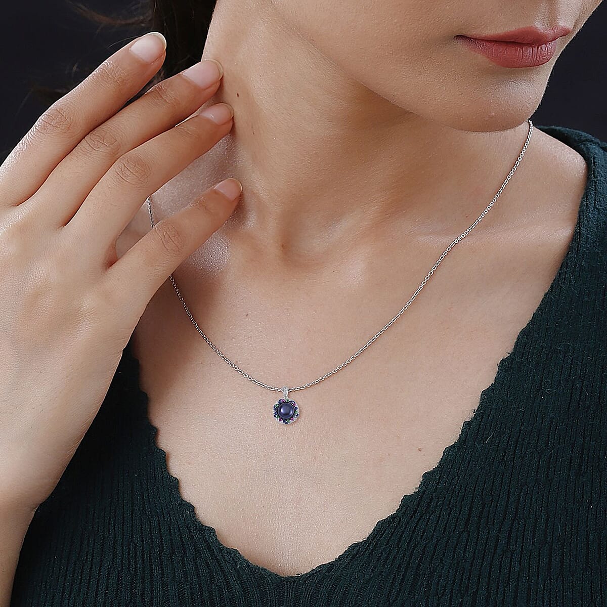 Peacock Freshwater Cultured Pearl and Simulated Multi Color Diamond Pendant in Silvertone with Stainless Steel Necklace 20 Inches image number 2