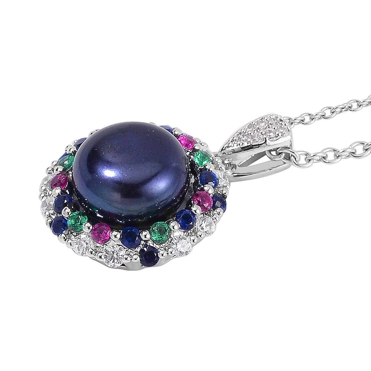 Peacock Freshwater Cultured Pearl and Simulated Multi Color Diamond Pendant in Silvertone with Stainless Steel Necklace 20 Inches image number 3