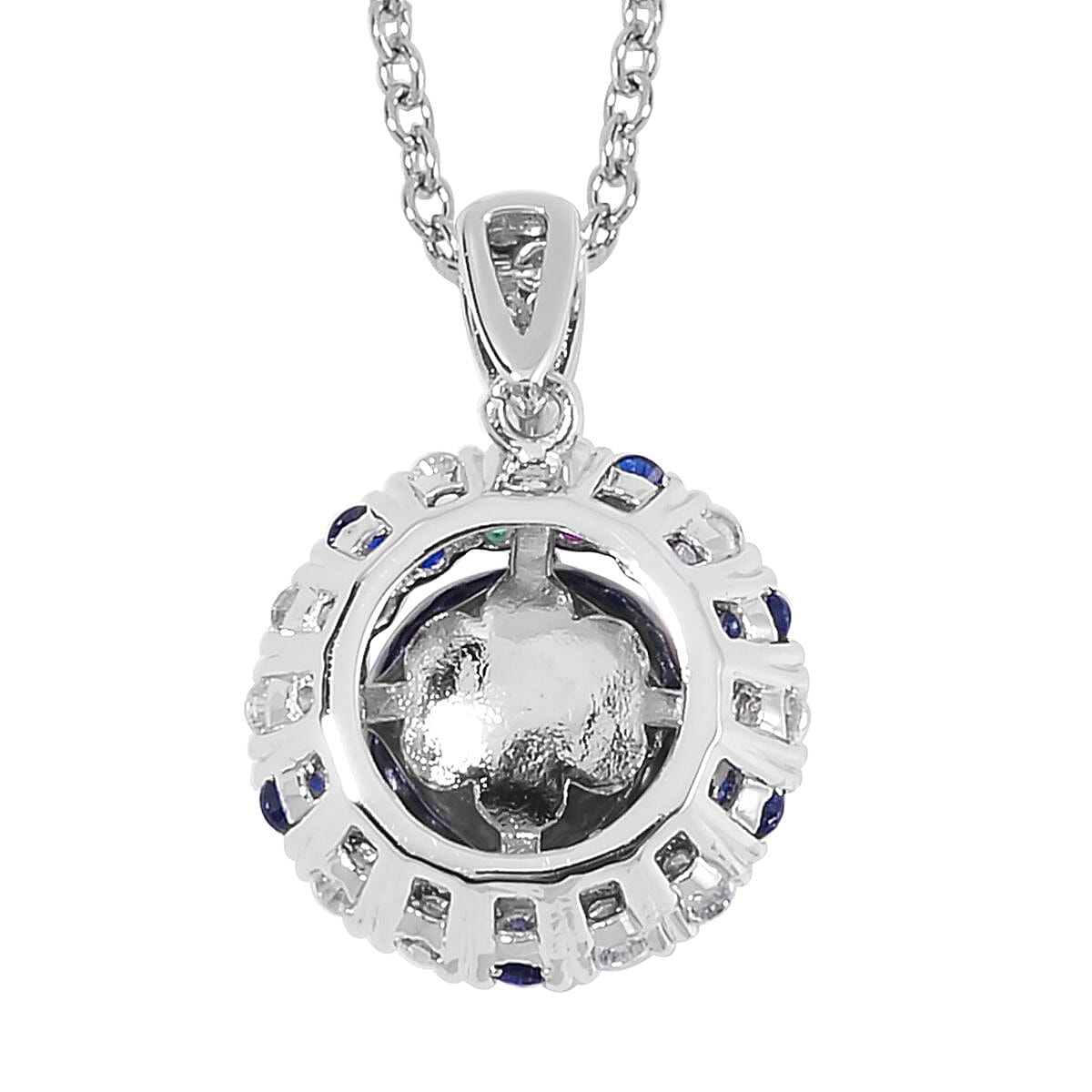 Peacock Freshwater Cultured Pearl and Simulated Multi Color Diamond Pendant in Silvertone with Stainless Steel Necklace 20 Inches image number 4