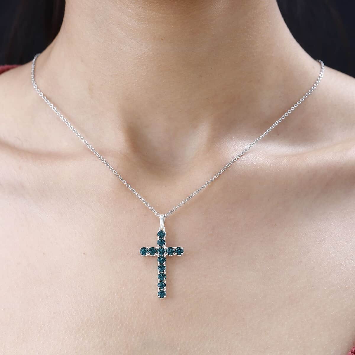Designer Premium Emerald Color Austrian Crystal Cross Pendant in Sterling Silver with Stainless Steel Necklace 20 Inches image number 2