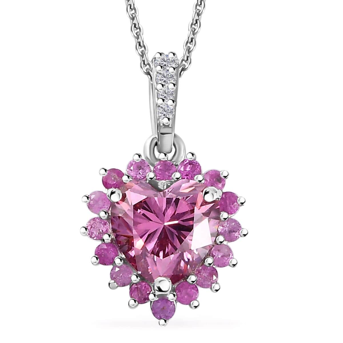 Pink and White Moissanite, Madagascar Pink Sapphire Heart Pendant Necklace 20 Inches in Platinum Over Sterling Silver 2.60 ctw image number 0