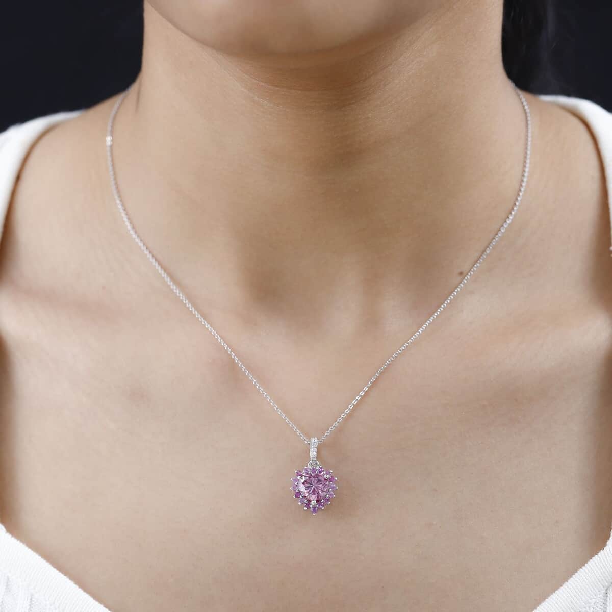 Pink and White Moissanite, Madagascar Pink Sapphire Heart Pendant Necklace 20 Inches in Platinum Over Sterling Silver 2.60 ctw image number 2