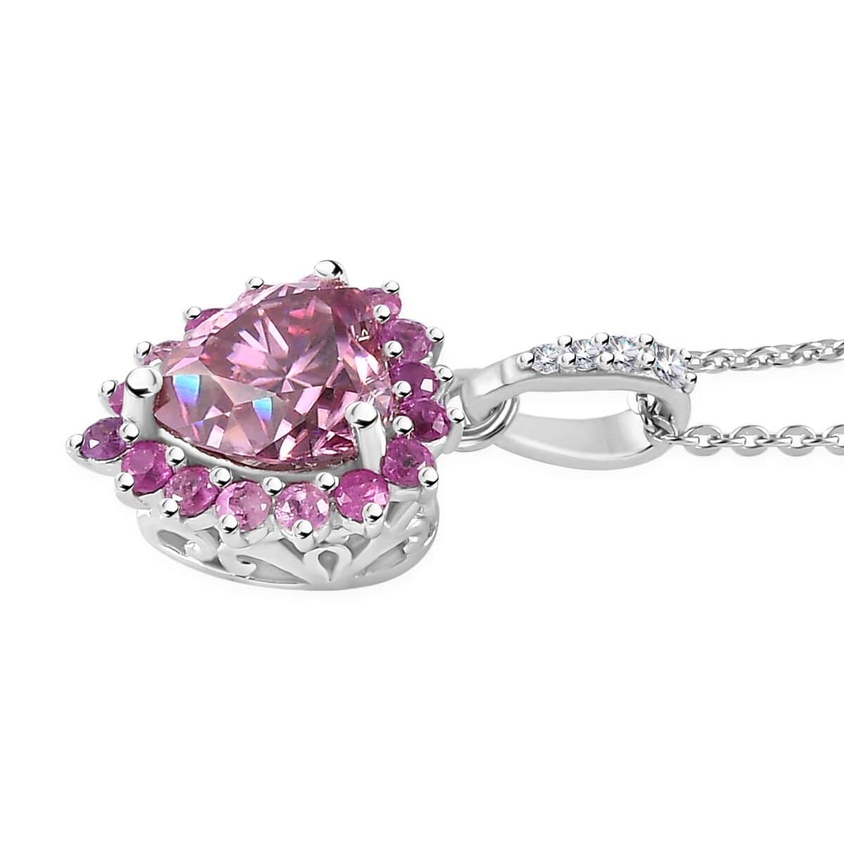 Pink and White Moissanite, Madagascar Pink Sapphire Heart Pendant Necklace 20 Inches in Platinum Over Sterling Silver 2.60 ctw image number 3