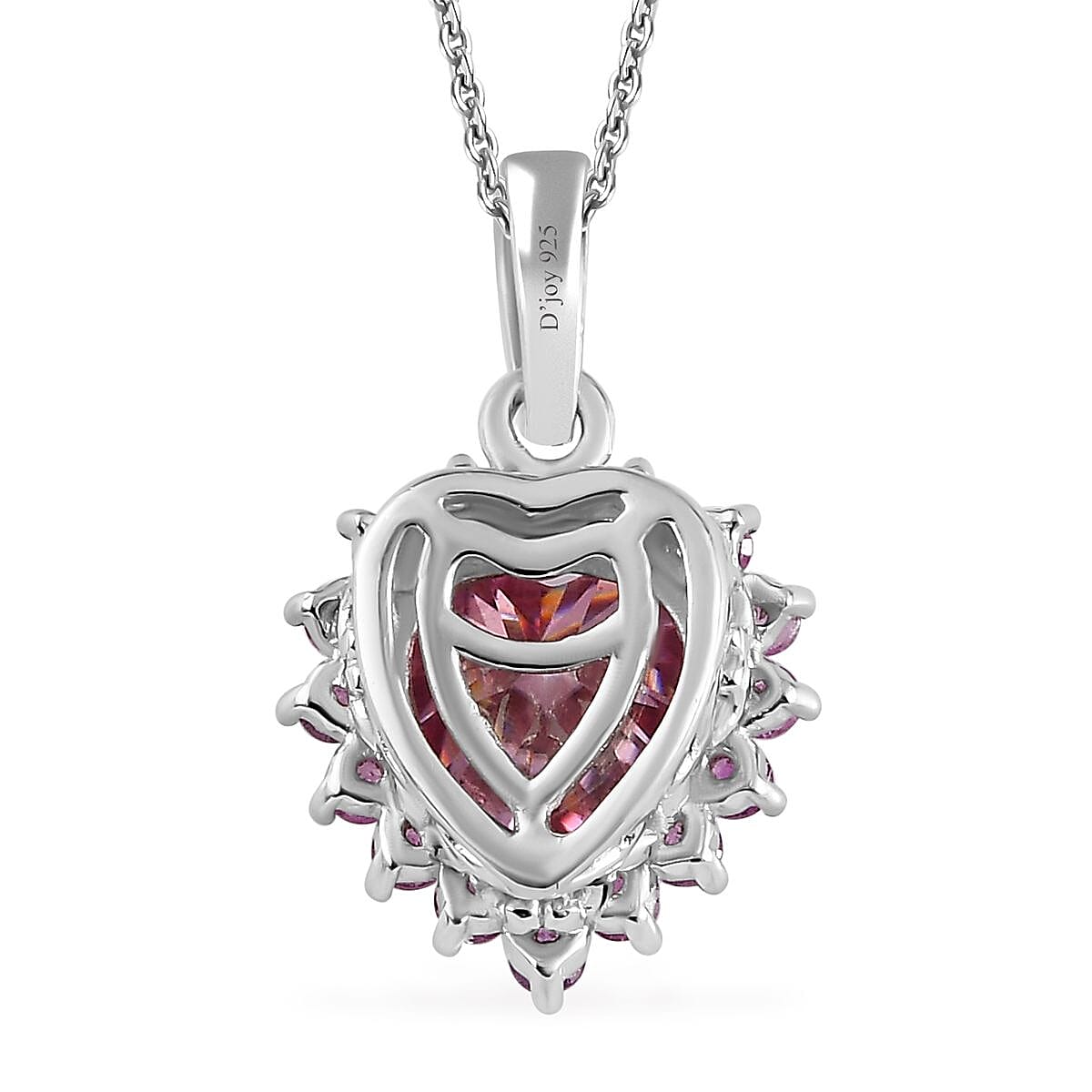 Pink and White Moissanite, Madagascar Pink Sapphire Heart Pendant Necklace 20 Inches in Platinum Over Sterling Silver 2.60 ctw
