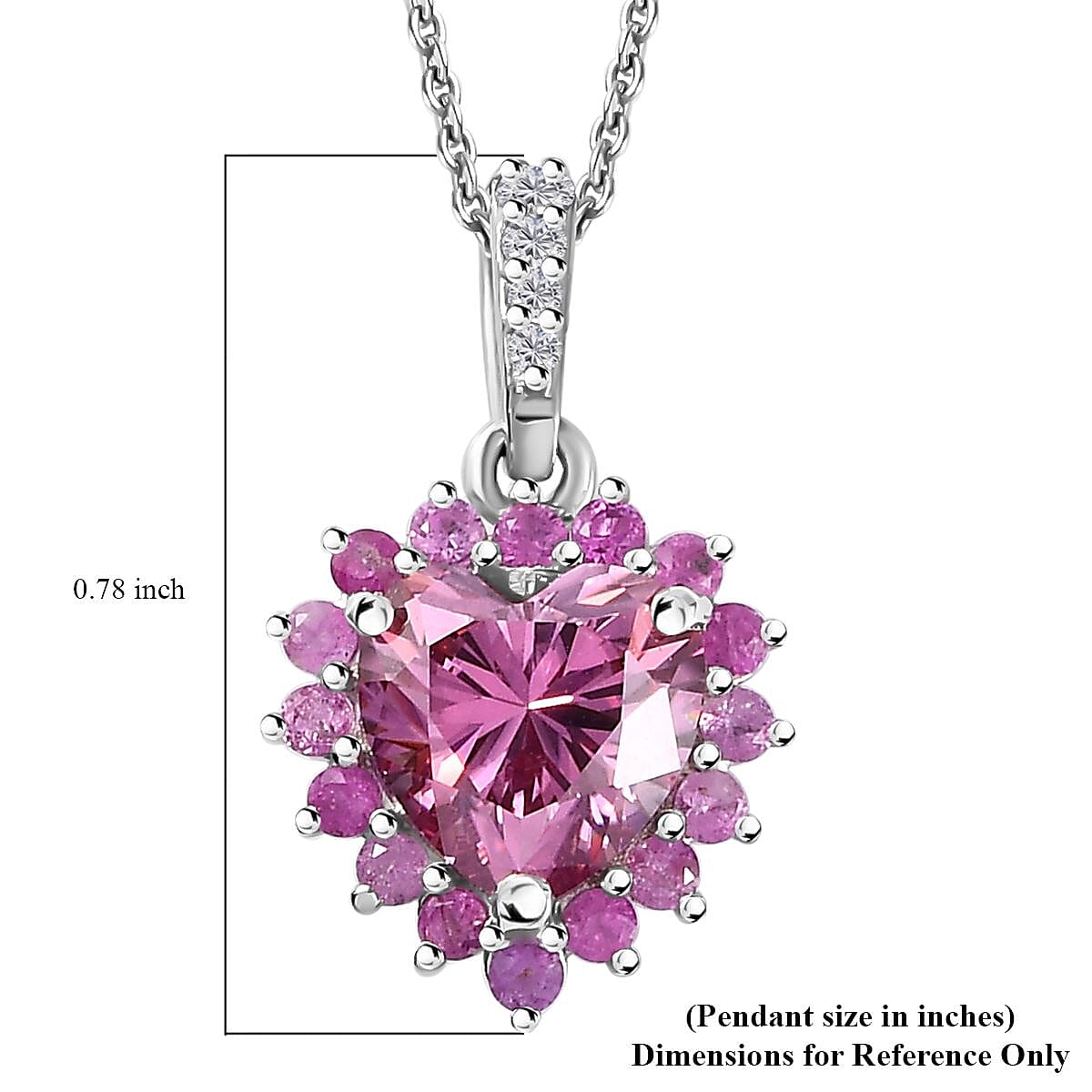 Pink and White Moissanite, Madagascar Pink Sapphire Heart Pendant Necklace 20 Inches in Platinum Over Sterling Silver 2.60 ctw