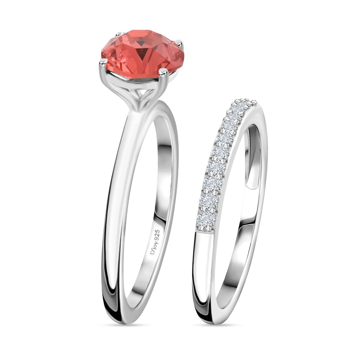 Designer Premium Padparasha Austrian Crystal and Simulated Diamond Set of 2 Ring in Sterling Silver (Size 7.0) 0.30 ctw image number 3