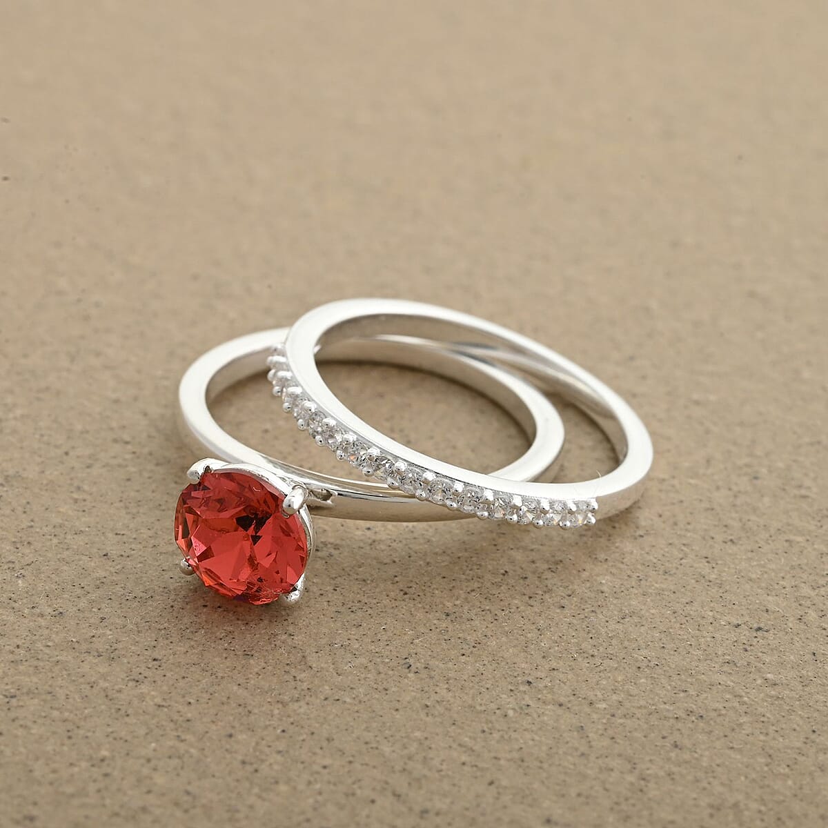 Designer Premium Padparasha Austrian Crystal and Simulated Diamond Set of 2 Ring in Sterling Silver (Size 11.0) 0.30 ctw image number 1