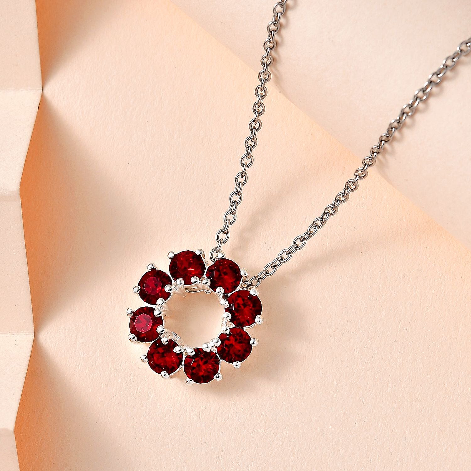 Designer Premium Siam Color Austrian Crystal Circle Pendant in Sterling Silver with Stainless Steel Necklace 20 Inches