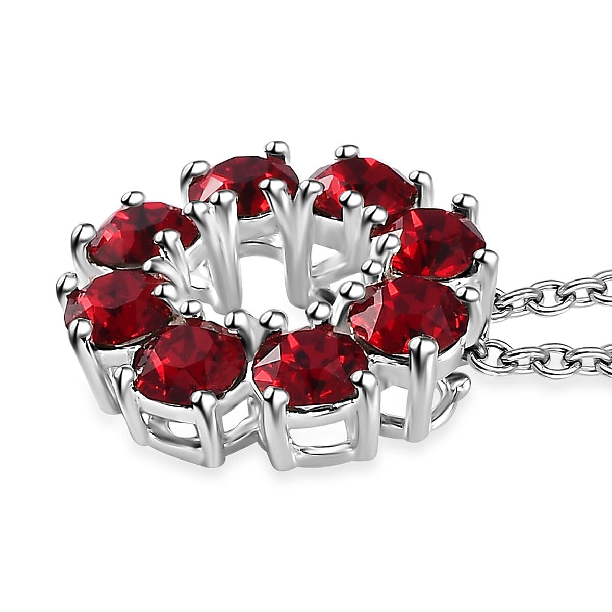 Designer Premium Siam Color Austrian Crystal Circle Pendant in Sterling Silver with Stainless Steel Necklace 20 Inches