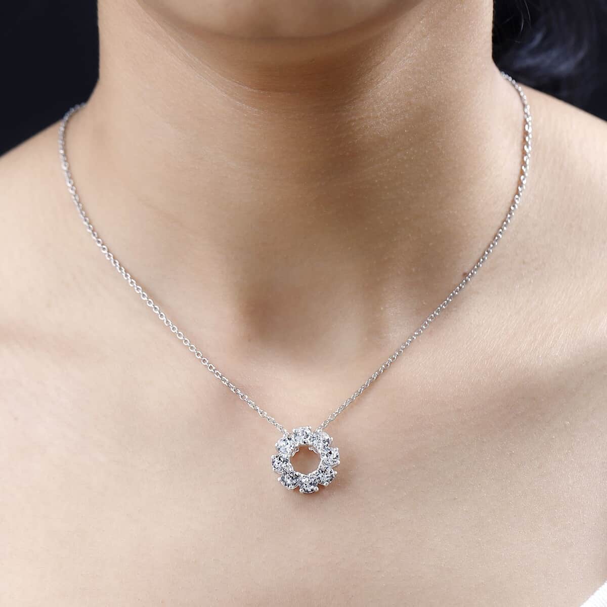 Designer Premium Austrian Crystal Circle Pendant in Sterling Silver with Stainless Steel Necklace 20 Inches image number 2