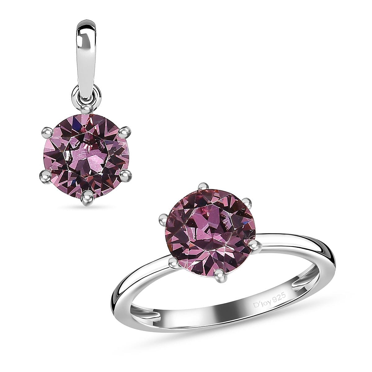 Designer Premium Antique Pink Austrian Crystal Solitaire Ring (Size 9.0) and Solitaire Pendant without Chain in Sterling Silver image number 0