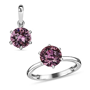 Designer Premium Antique Pink Austrian Crystal Solitaire Ring (Size 9.0) and Solitaire Pendant without Chain in Sterling Silver