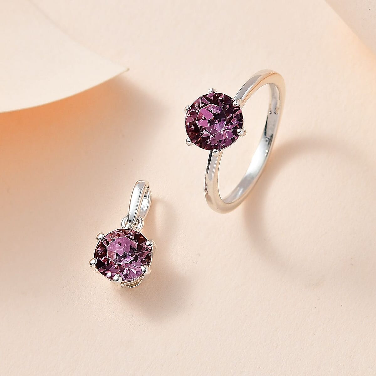 Designer Premium Antique Pink Austrian Crystal Solitaire Ring (Size 9.0) and Solitaire Pendant without Chain in Sterling Silver image number 1