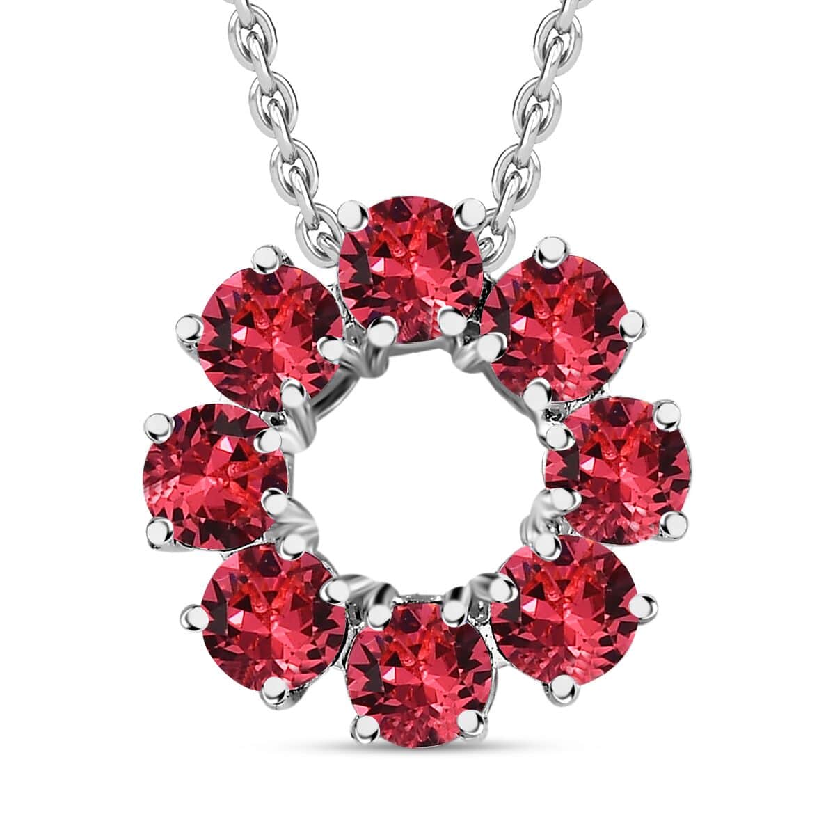 Designer Premium Indian Pink Austrian Crystal Circle Pendant in Sterling Silver with Stainless Steel Necklace 20 Inches image number 0