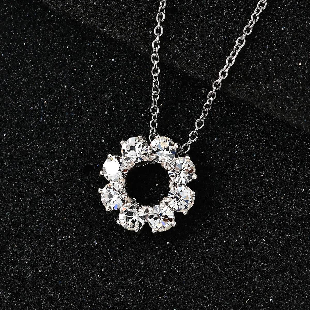 Designer Premium White Preciosa Austrian Crystal Circle Pendant in Sterling Silver with Stainless Steel Necklace 20 Inches image number 1