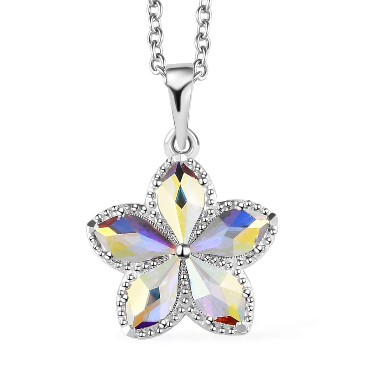 Designer Premium Aurora Borealis Austrian Crystal Flower Pendant in Sterling Silver with Stainless Steel Necklace 20 Inches image number 0