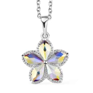Designer Premium Aurora Borealis Austrian Crystal Flower Pendant in Sterling Silver with Stainless Steel Necklace 20 Inches