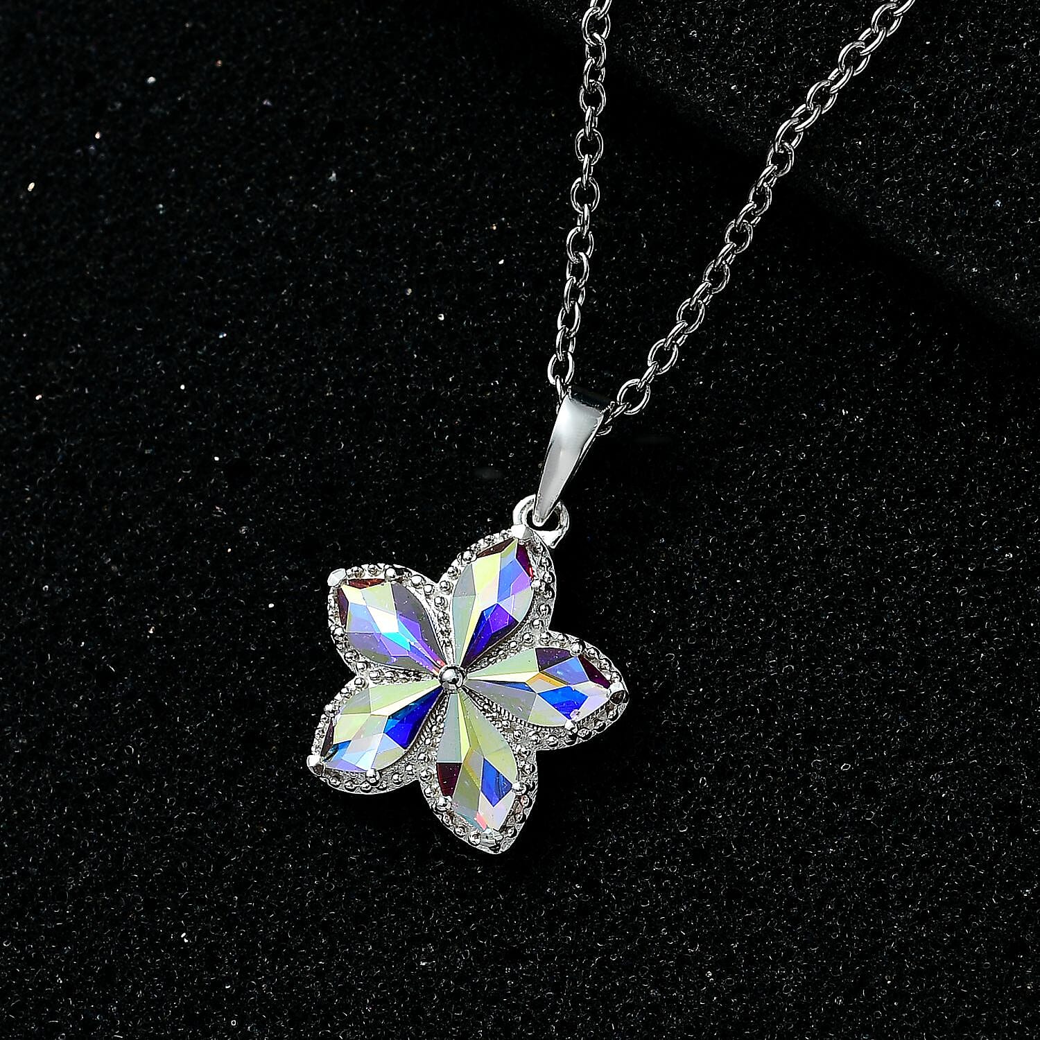 Designer Premium Aurora Borealis Austrian Crystal Flower Pendant in Sterling Silver with Stainless Steel Necklace 20 Inches
