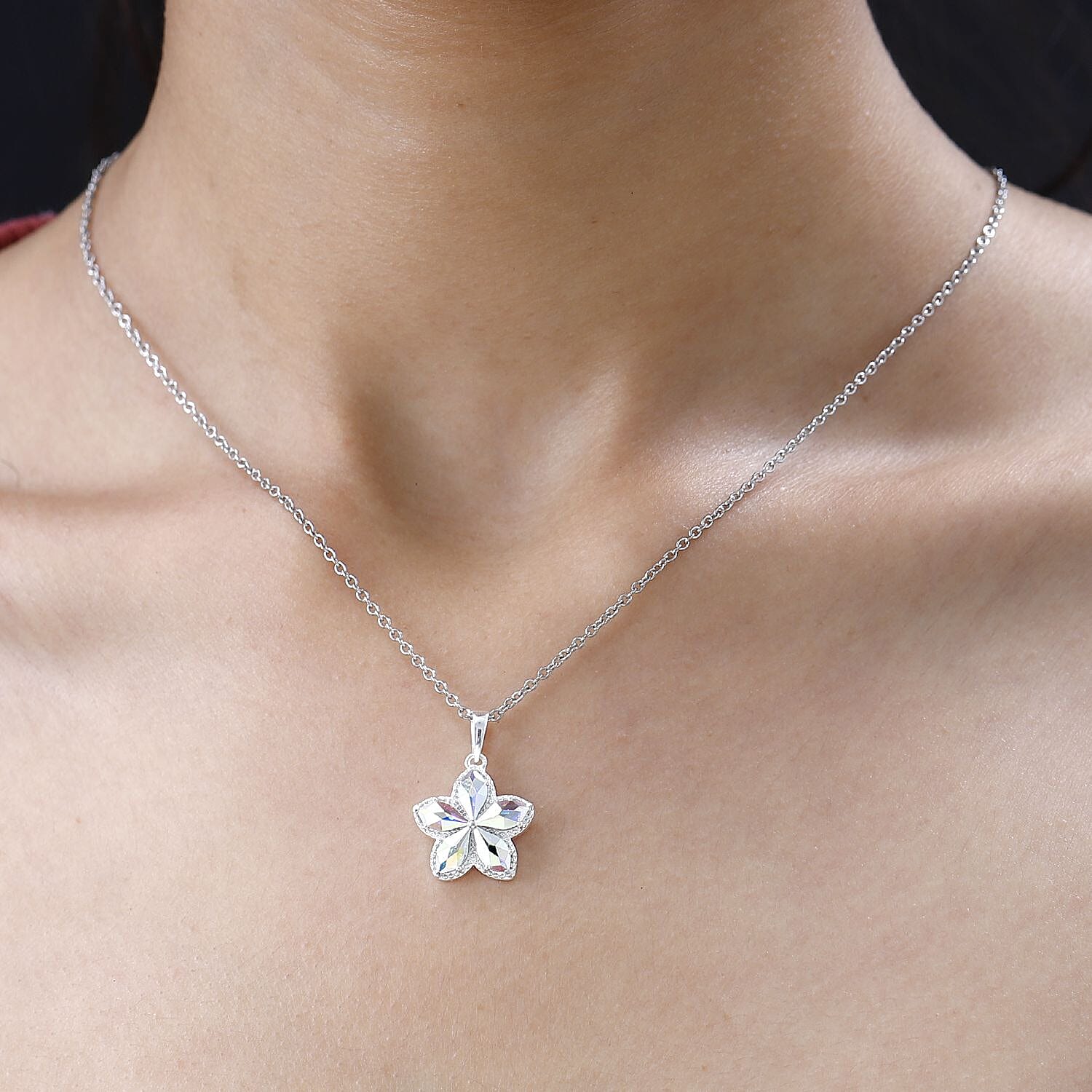Designer Premium Aurora Borealis Austrian Crystal Flower Pendant in Sterling Silver with Stainless Steel Necklace 20 Inches