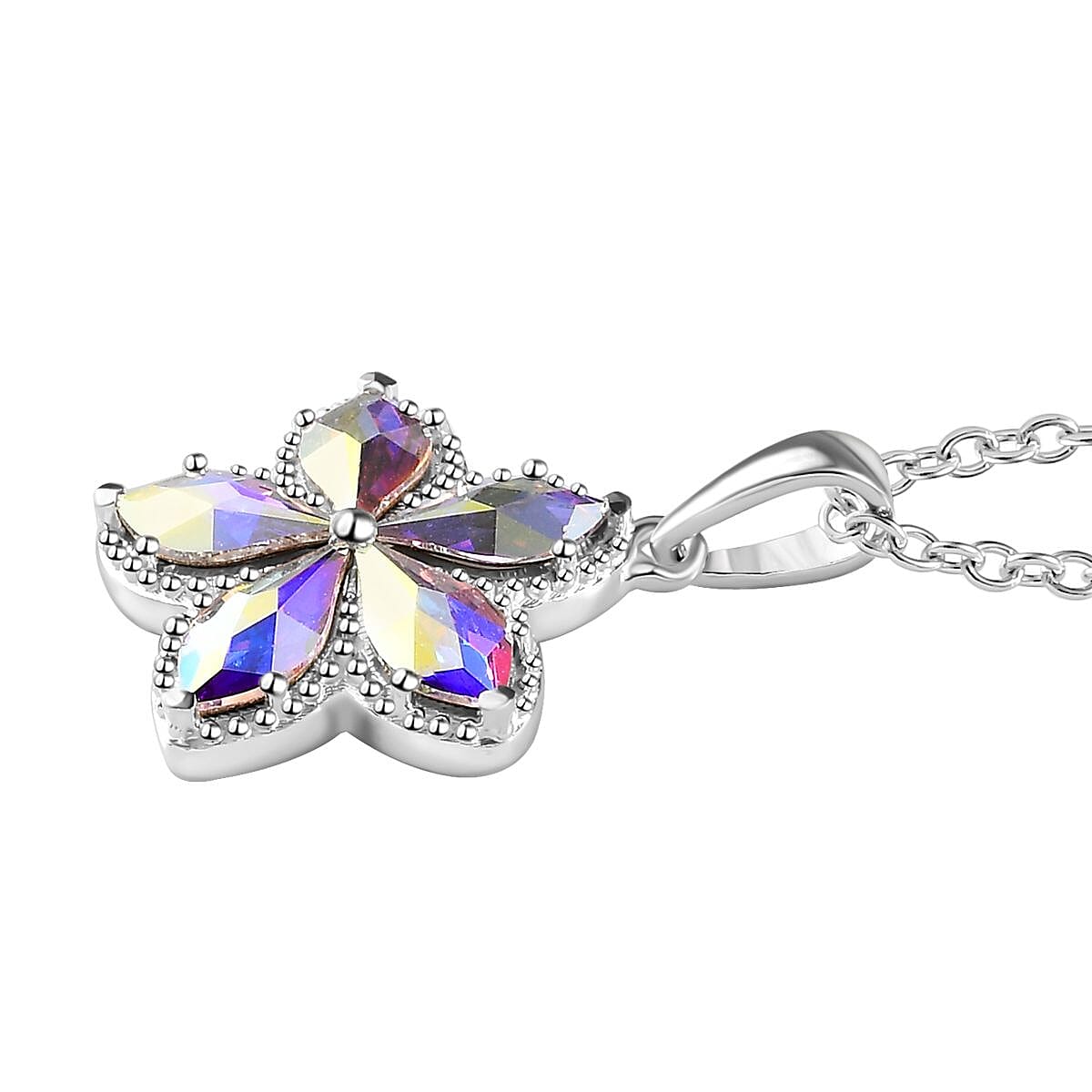 Designer Premium Aurora Borealis Austrian Crystal Flower Pendant in Sterling Silver with Stainless Steel Necklace 20 Inches