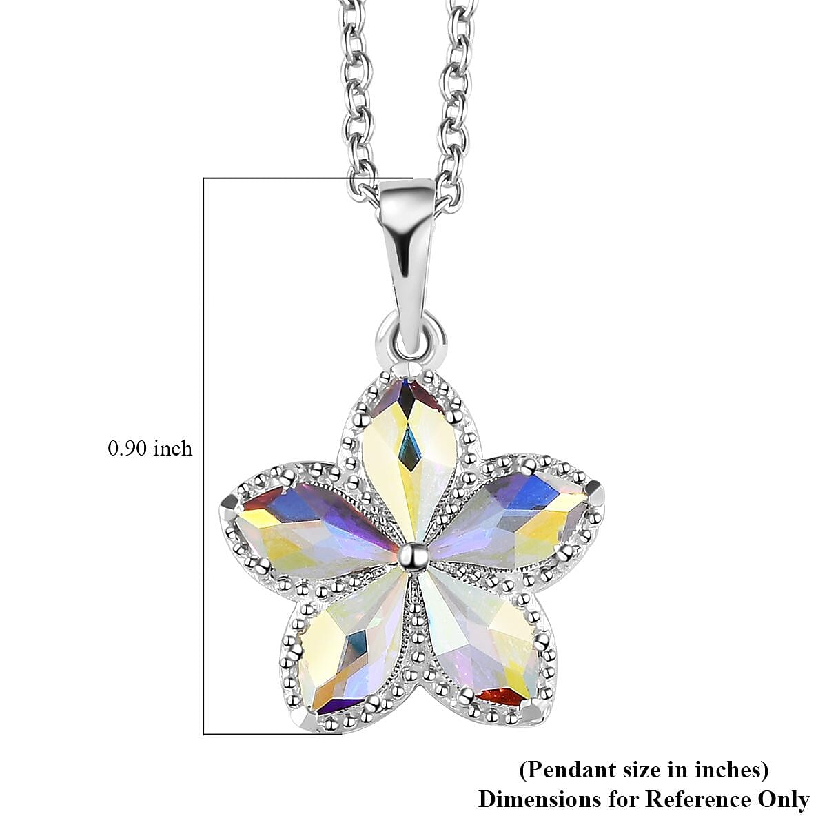 Designer Premium Aurora Borealis Austrian Crystal Flower Pendant in Sterling Silver with Stainless Steel Necklace 20 Inches