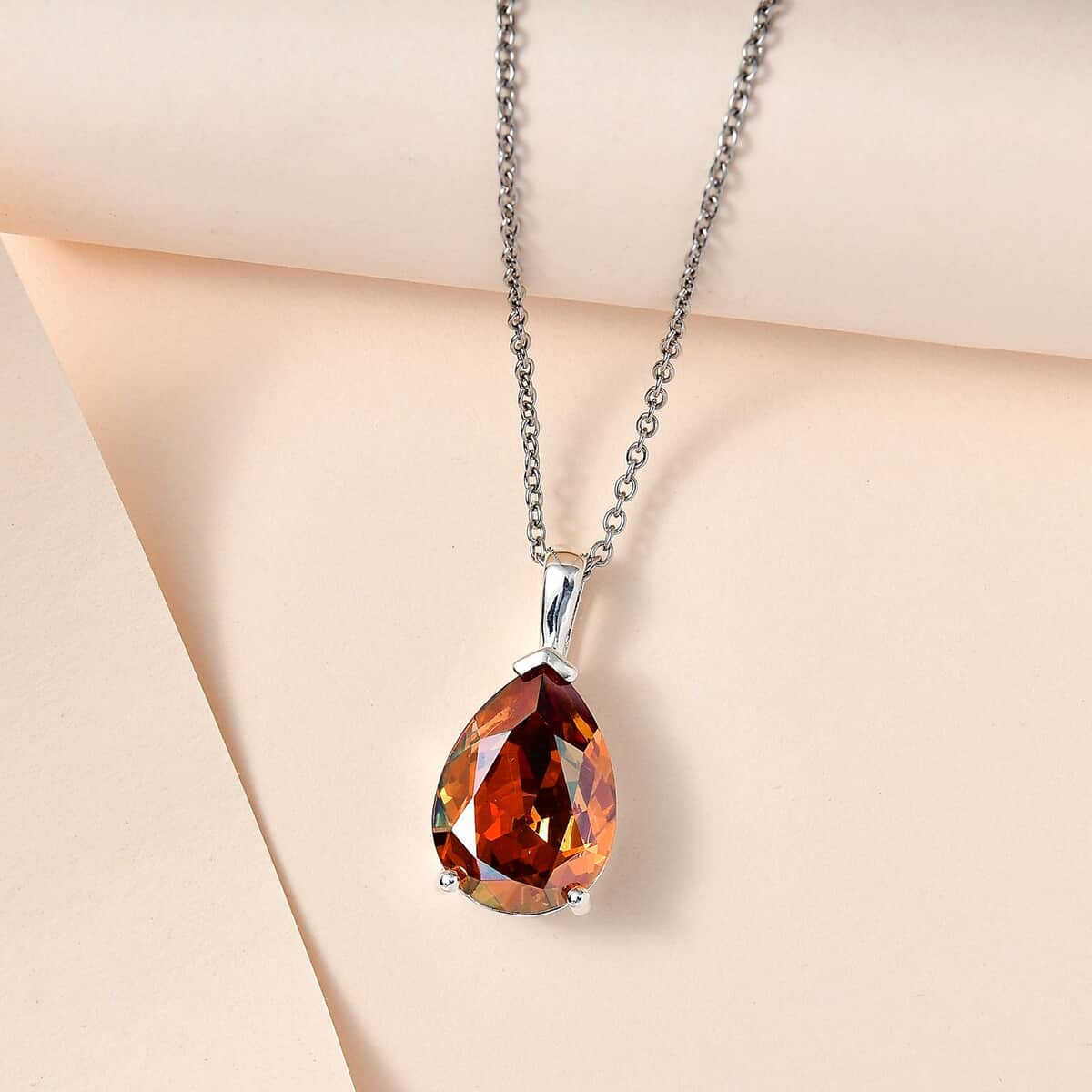 Designer Premium Copper Austrian Crystal Solitaire Pendant in Sterling Silver with Stainless Steel Necklace 20 Inches image number 1