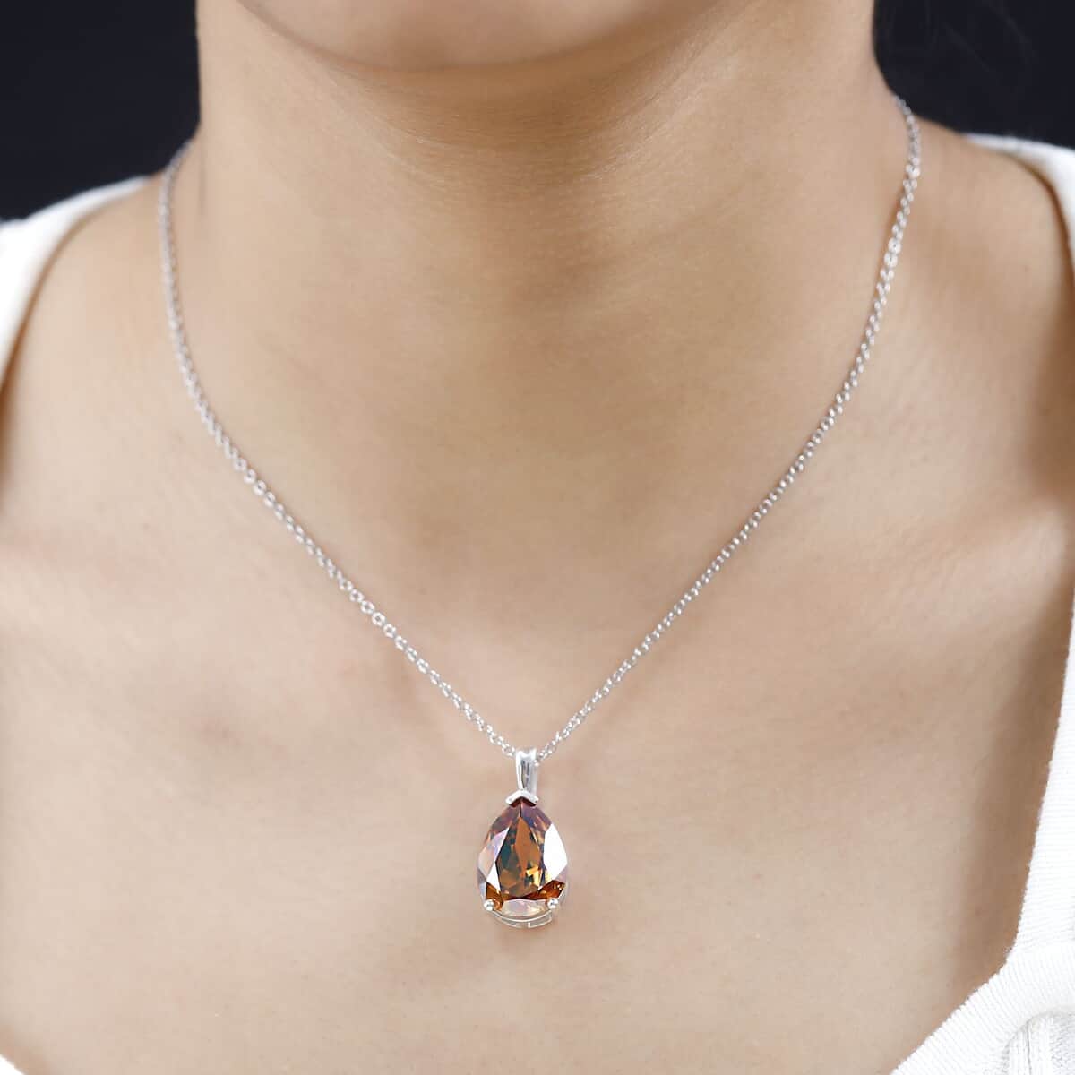 Designer Premium Copper Austrian Crystal Solitaire Pendant in Sterling Silver with Stainless Steel Necklace 20 Inches image number 2