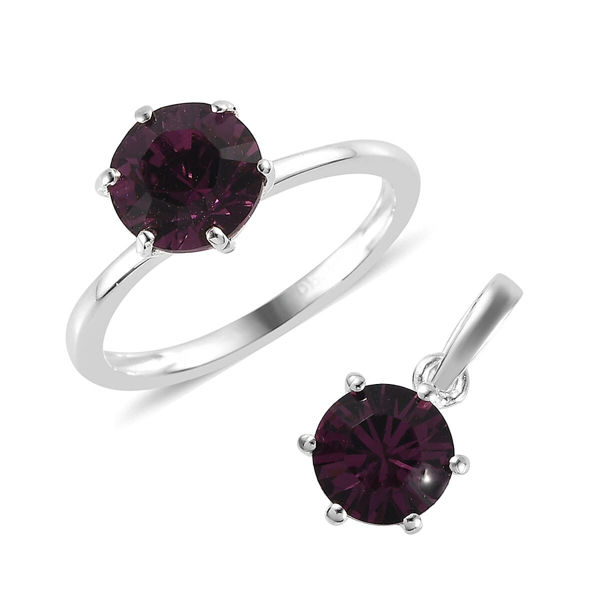 Designer Premium Foilback Amethyst Color Austrian Crystal Solitaire Ring (Size 5.00) and Pendant in Sterling Silver