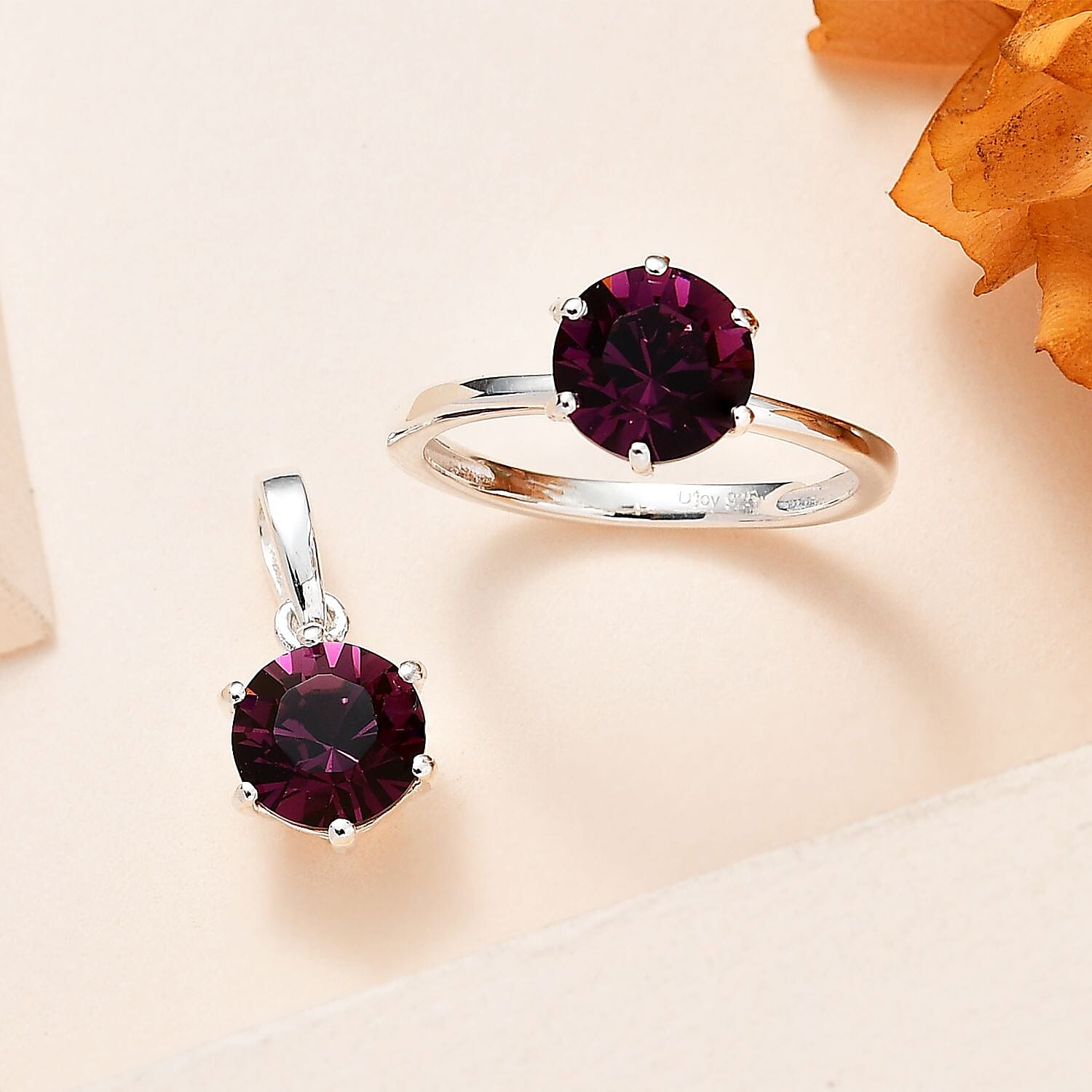 Designer Premium Foilback Amethyst Color Austrian Crystal Solitaire Ring (Size 5.00) and Pendant in Sterling Silver