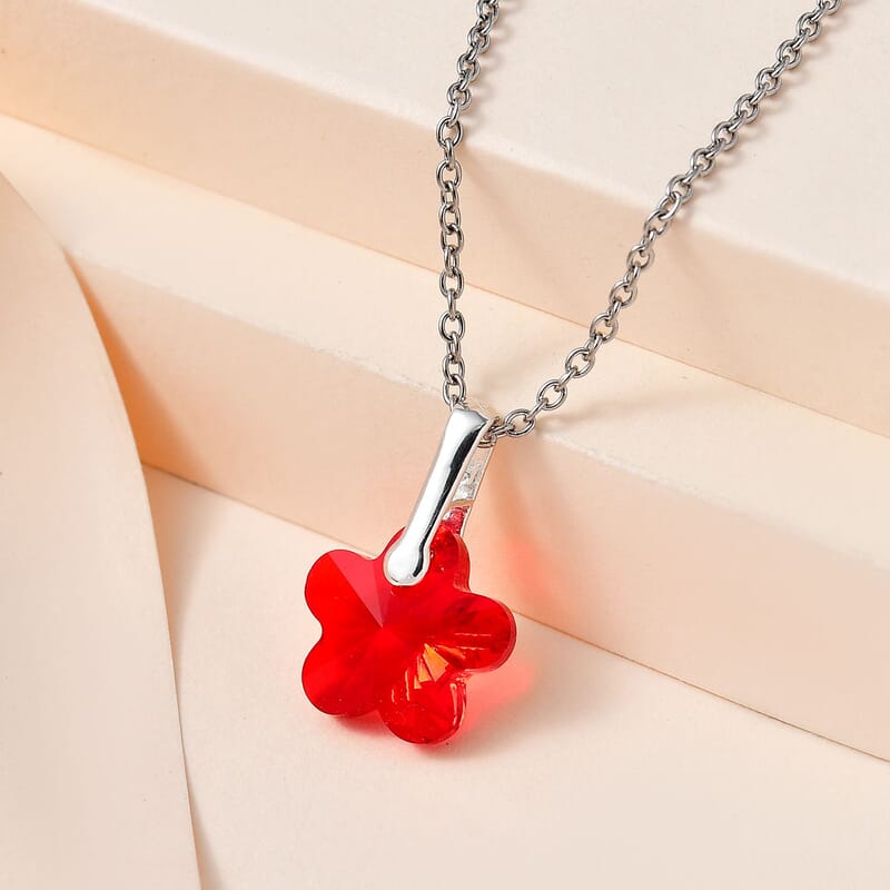 Designer Premium Light Siam Austrian Crystal Fancy Pendant in Sterling Silver with Stainless Steel Chain 20 Inches