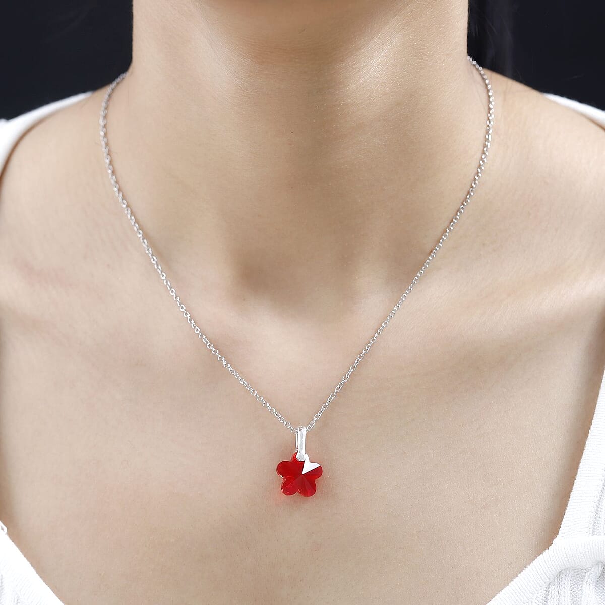 Designer Premium Light Siam Austrian Crystal Fancy Pendant in Sterling Silver with Stainless Steel Chain 20 Inches image number 2