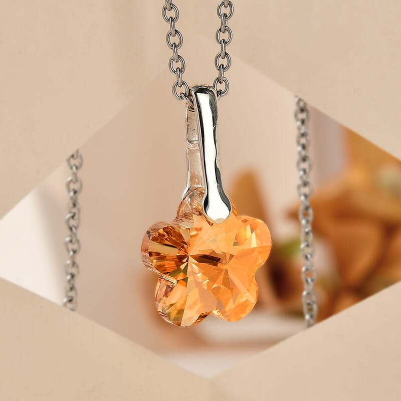Designer Premium Golden Shadow Color Austrian Crystal Pendant in Sterling Silver with Stainless Steel Necklace 20 Inches