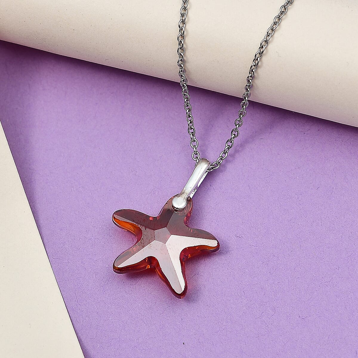 Red Magma Crystal Starfish Pendant in Sterling Silver with Stainless Steel Necklace 20 Inches image number 1