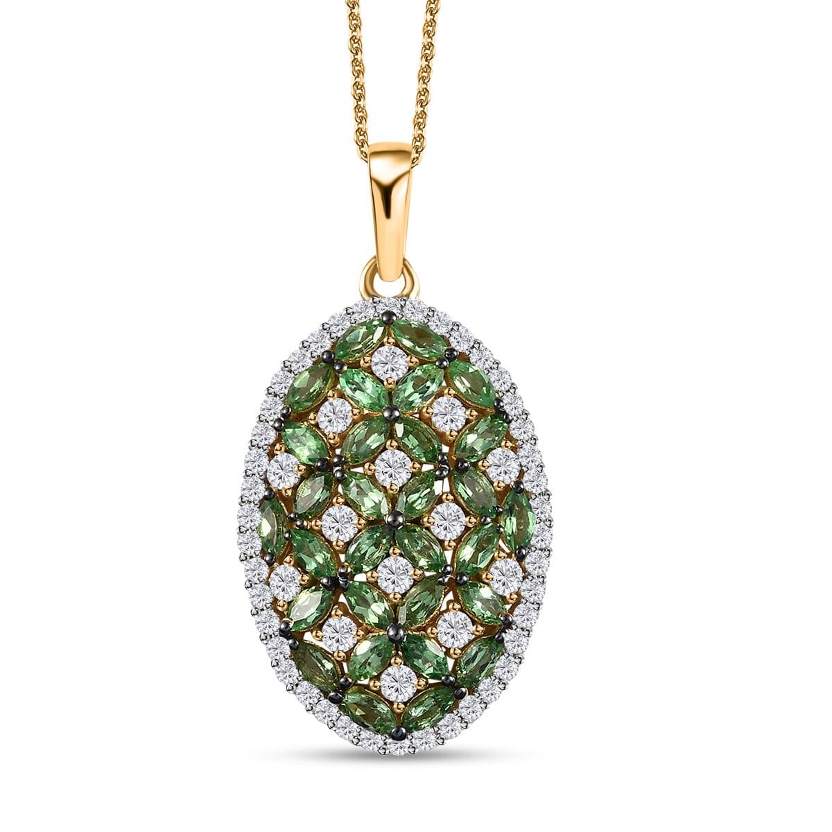 Tsavorite Garnet and Moissanite Cluster Pendant Necklace 20 Inches in Vermeil Yellow Gold Over Sterling Silver 4.00 ctw image number 0