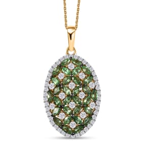 Tsavorite Garnet and Moissanite Cluster Pendant Necklace 20 Inches in Vermeil Yellow Gold Over Sterling Silver 4.00 ctw