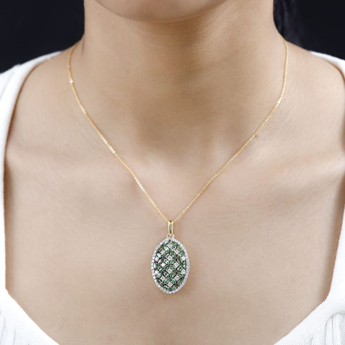 Tsavorite Garnet and Moissanite Cluster Pendant Necklace 20 Inches in Vermeil Yellow Gold Over Sterling Silver 4.00 ctw image number 2