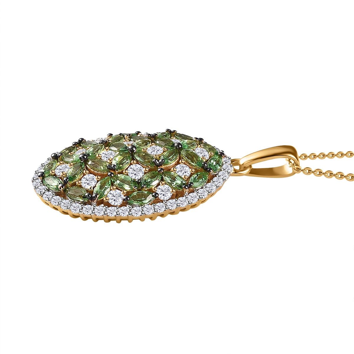 Tsavorite Garnet and Moissanite Cluster Pendant Necklace 20 Inches in Vermeil Yellow Gold Over Sterling Silver 4.00 ctw image number 3