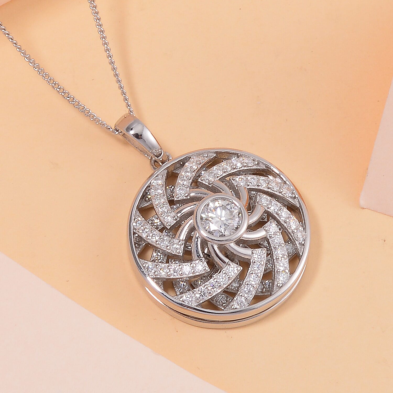 Moissanite Mandala Spiner Pendant Necklace 20 Inches in Platinum Over Sterling Silver 1.60 ctw