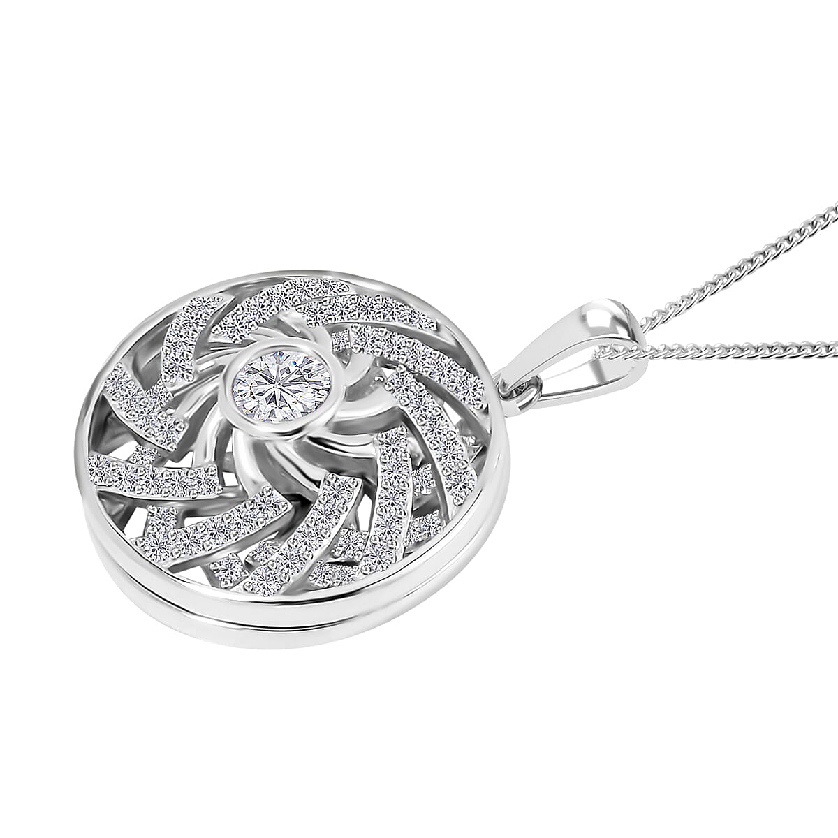 Moissanite Mandala Spiner Pendant Necklace 20 Inches in Platinum Over Sterling Silver 1.60 ctw