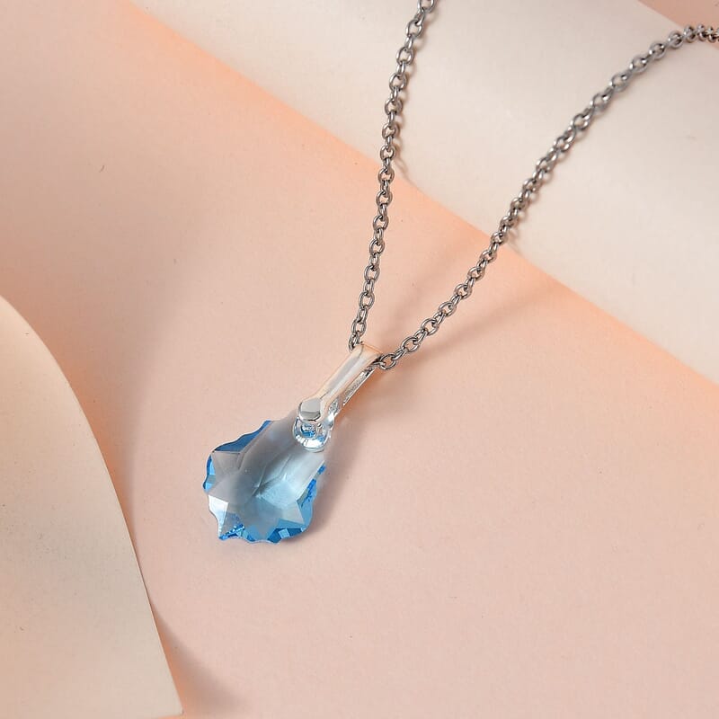 Designer Premium Aquamarine Color Austrian Crystal Pendant in Sterling Silver with Stainless Steel Necklace 20 Inches