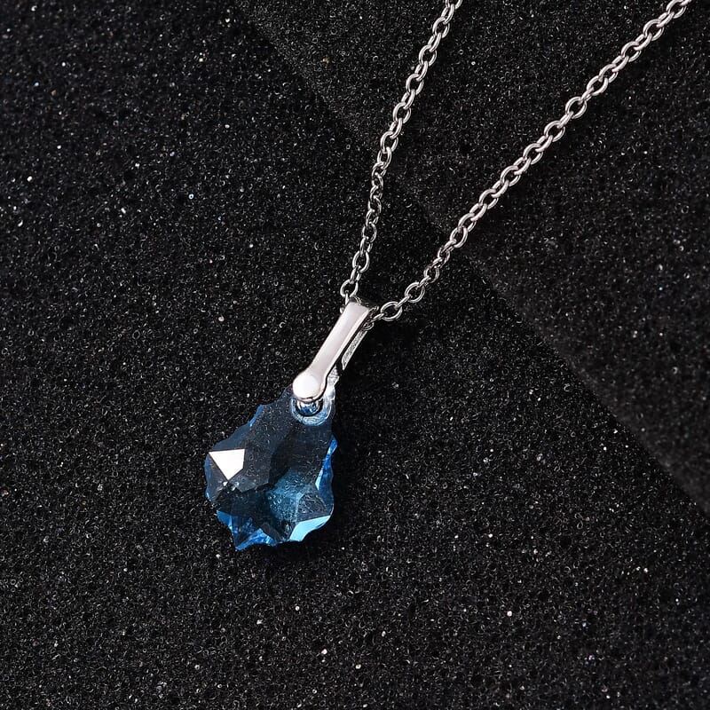 Designer Premium Aquamarine Color Austrian Crystal Pendant in Sterling Silver with Stainless Steel Necklace 20 Inches