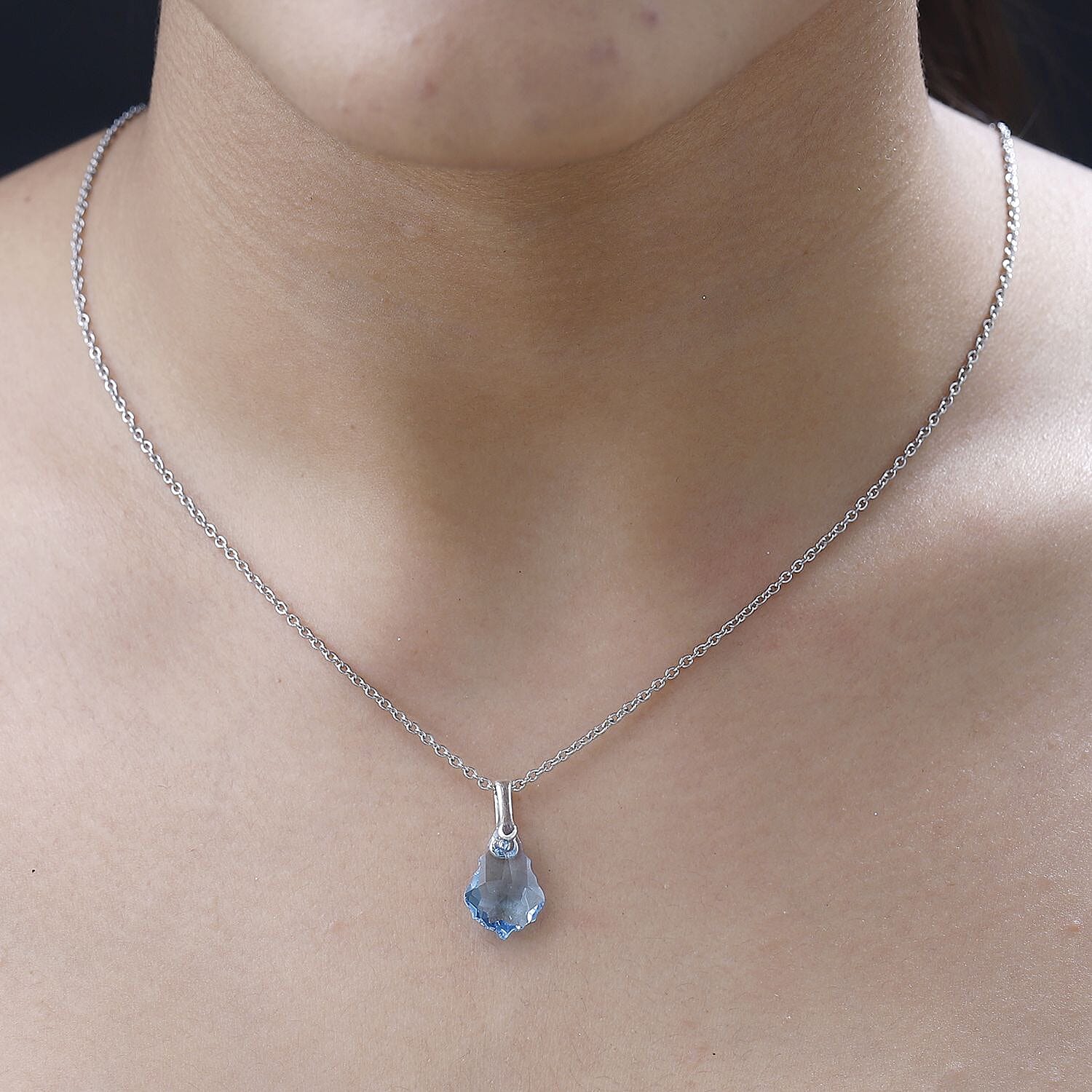 Designer Premium Aquamarine Color Austrian Crystal Pendant in Sterling Silver with Stainless Steel Necklace 20 Inches
