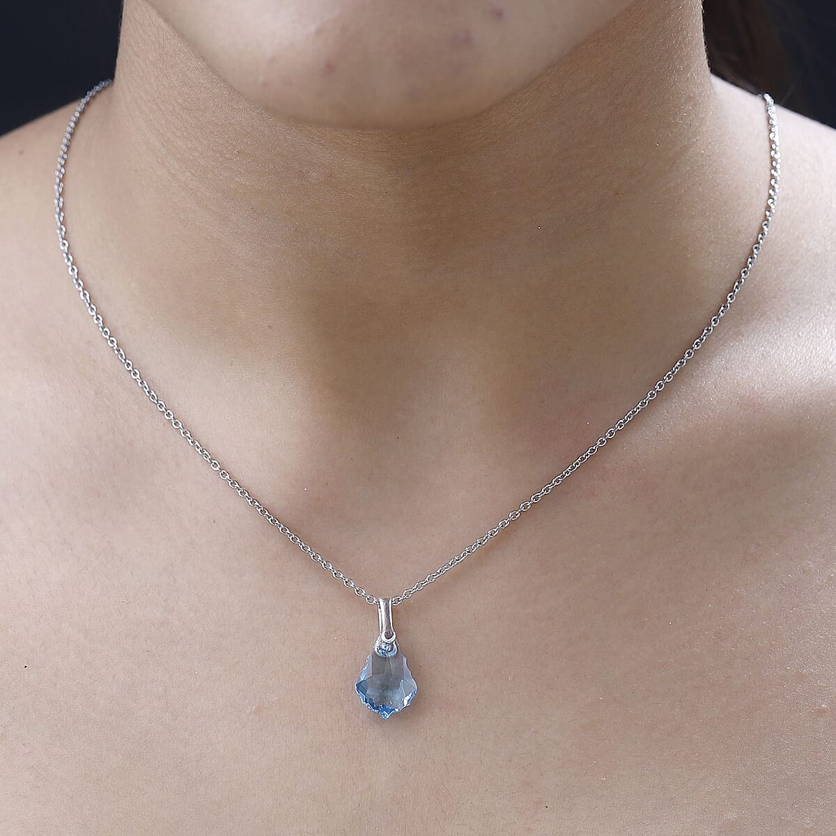 Designer Premium Aquamarine Color Austrian Crystal Pendant in Sterling Silver with Stainless Steel Necklace 20 Inches image number 3