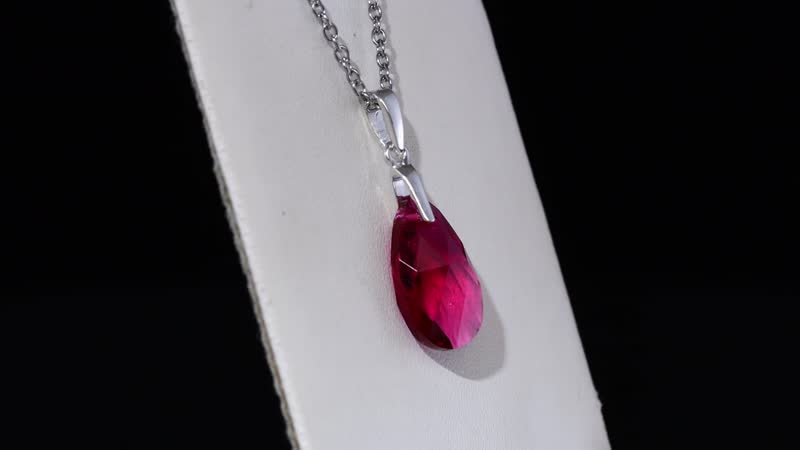 Ruby Color Crystal Pendant in Sterling Silver with Stainless Steel Chain 20 Inches