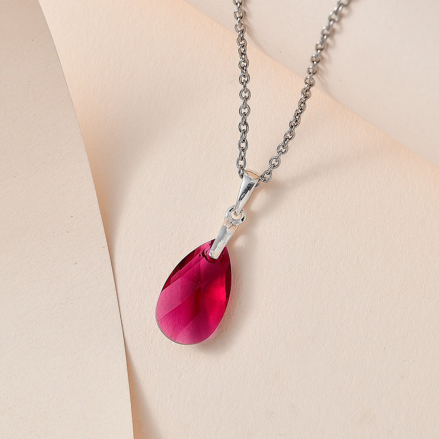 Ruby Color Crystal Pendant in Sterling Silver with Stainless Steel Chain 20 Inches