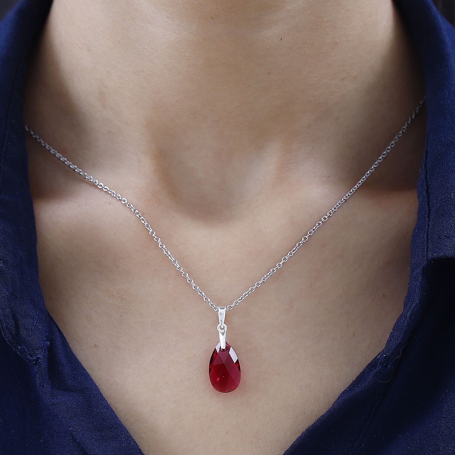 Ruby Color Crystal Pendant in Sterling Silver with Stainless Steel Chain 20 Inches