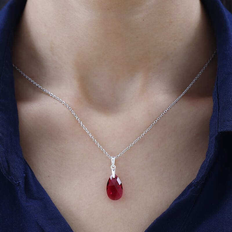 Ruby Color Crystal Pendant in Sterling Silver with Stainless Steel Chain 20 Inches