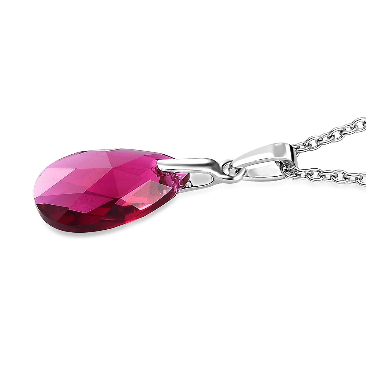 Ruby Color Crystal Pendant in Sterling Silver with Stainless Steel Chain 20 Inches