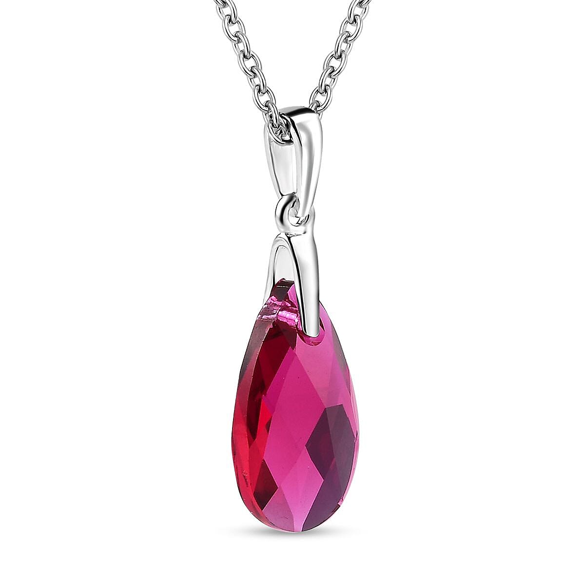 Ruby Color Crystal Pendant in Sterling Silver with Stainless Steel Chain 20 Inches