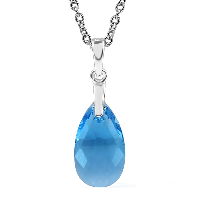 Aquamarine Color Crystal Pendant in Sterling Silver with Stainless Steel Chain 20 Inches